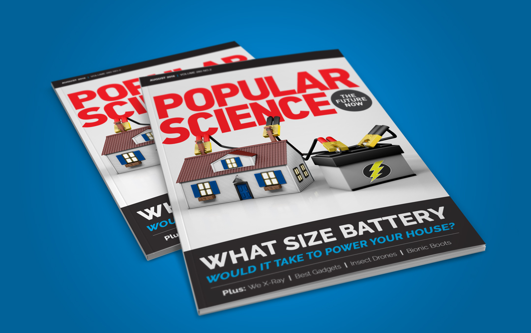 Magazine cover design with a 3D render of a house being powered by a car battery with jumper cables.