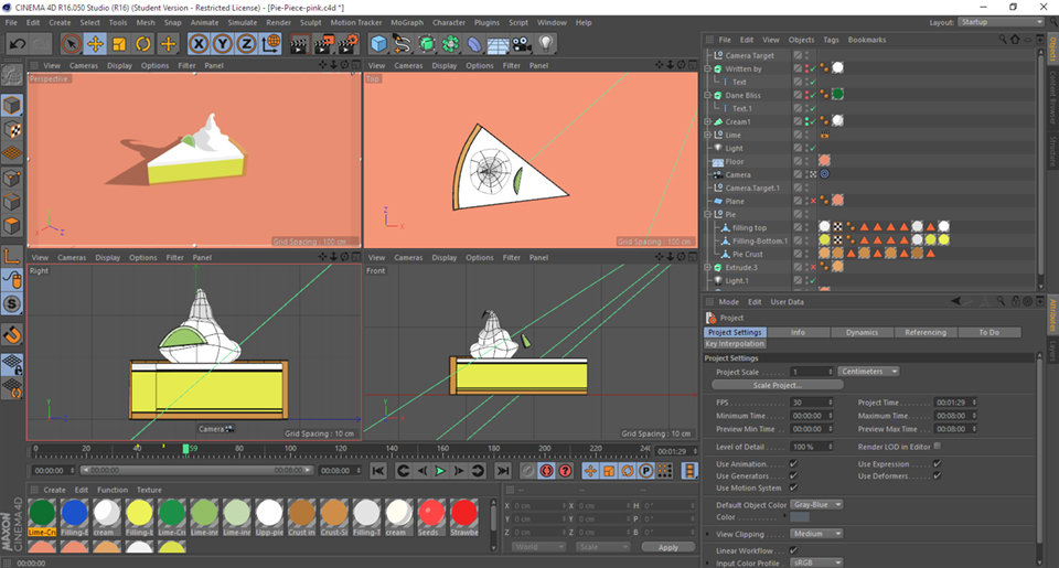 Screenshot in Cinema 4D of Cel Shading for a 3D, flat design look.