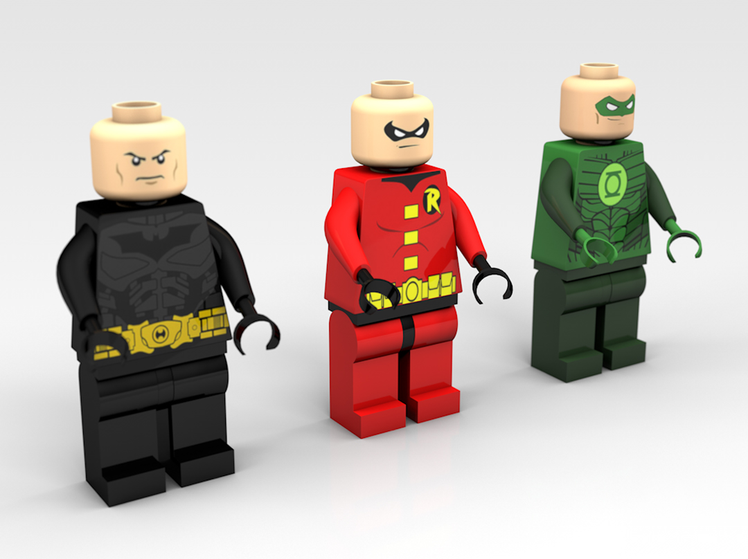 3D modeled lego figures with Batman, Robin and Green Lantern.