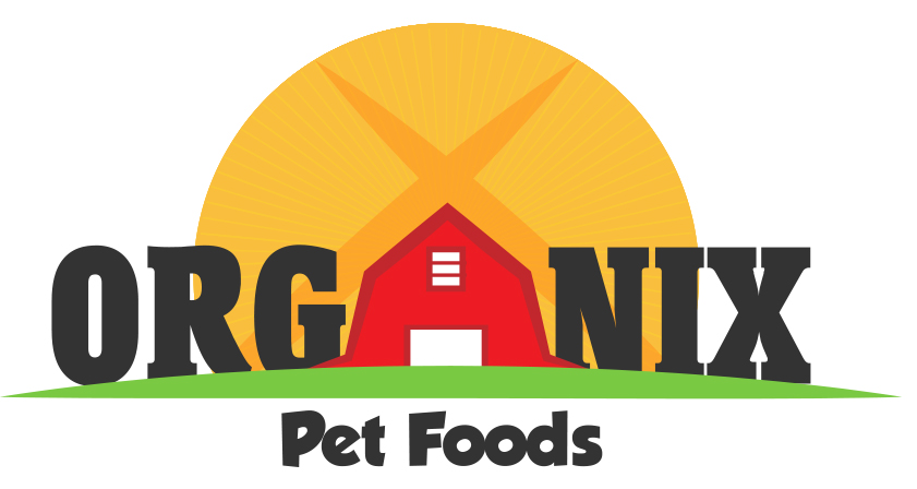 Organix pet food logo redesign with a barn and a sun.
