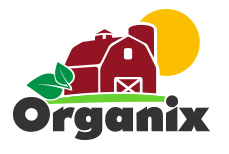 Organix logo redesign of a barn, a sun and leaves