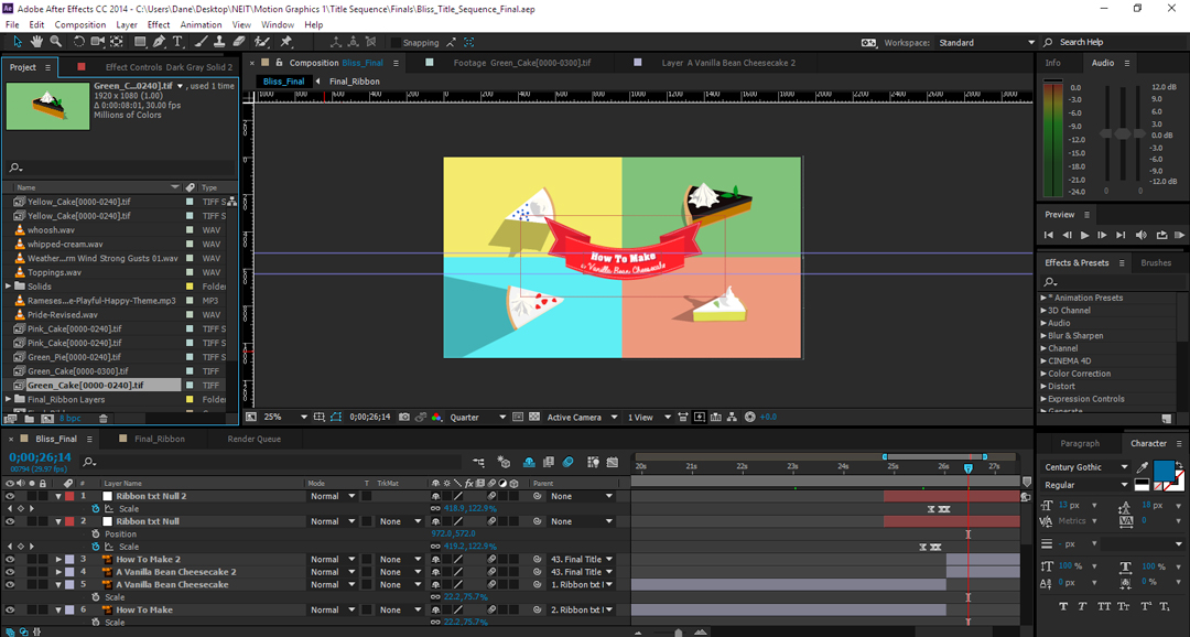 Screenshot in Adobe After Effects of flat design cheesecakes for a title sequence