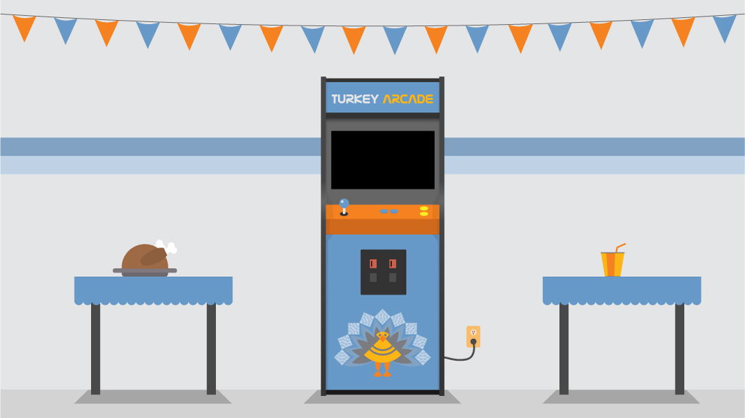 A flat design arcade scene used in an animated thanksgiving card for clients.